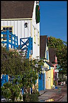 Brighly painted houses, Fishermans village. Marina Del Rey, Los Angeles, California, USA (color)