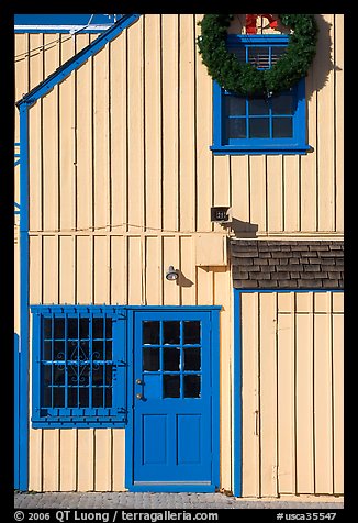 Wooden house with bright blue door. Marina Del Rey, Los Angeles, California, USA
