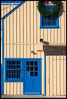 Wooden house with bright blue door. Marina Del Rey, Los Angeles, California, USA