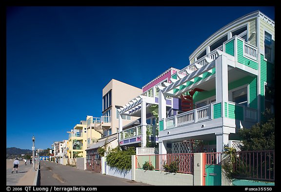 Row of colorful houses and beach promenade. Santa Monica, Los Angeles, California, USA