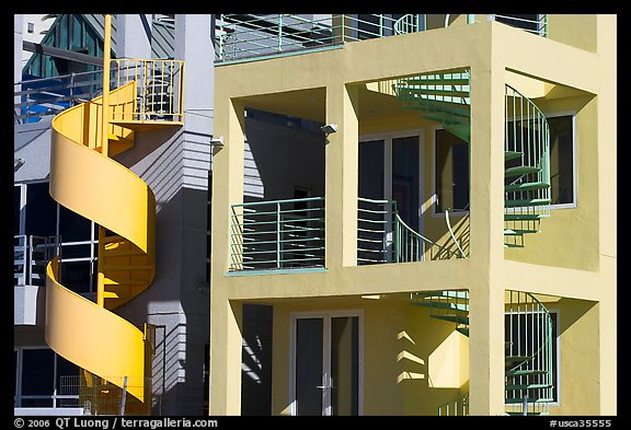 Facade of beach houses with spiral staircase. Santa Monica, Los Angeles, California, USA (color)