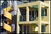 Facade of beach houses with spiral staircase. Santa Monica, Los Angeles, California, USA (color)