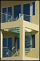 Spiral staircase and balconies on beach house. Santa Monica, Los Angeles, California, USA