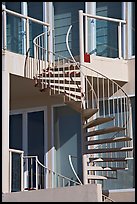Facade detail of beach house with spiral stairway. Santa Monica, Los Angeles, California, USA