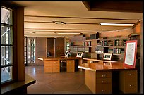 Library with fireplace,  Frank Lloyd Wright Honeycomb House. Stanford University, California, USA (color)