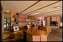 Hexagonally shaped desks in library, Hanna House. Stanford University, California, USA (color)