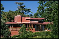 Facade , Hanna House, a Frank Lloyd Wright masterpiece. Stanford University, California, USA