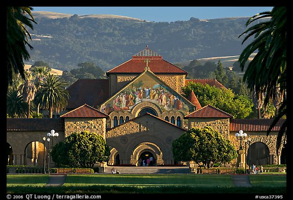 Memorial Church, main Quad, and foothills. Stanford University, California, USA