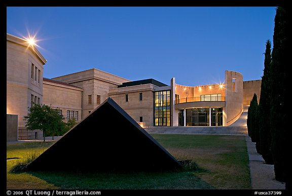 Pyramid in courtylard of the Cantor Art Museum at night. Stanford University, California, USA (color)