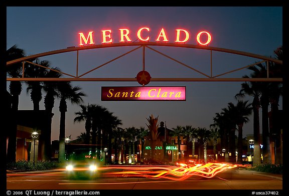 Entrance of the Mercado Shopping Mall at night. Santa Clara,  California, USA