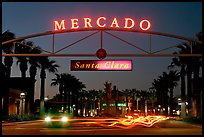 Entrance of the Mercado Shopping Mall at night. Santa Clara,  California, USA (color)