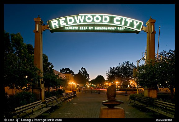 Broadway Street with Best Climate neon sign at dusk. Redwood City,  California, USA