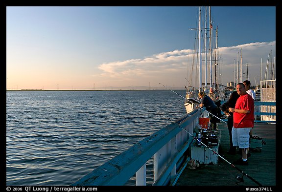 Fishing in the Port of Redwood, late afternoon. Redwood City,  California, USA