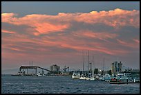 Yachts and industrial installations, port of Redwood, sunset. Redwood City,  California, USA