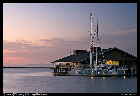 Marina building and yachts, sunset. Redwood City,  California, USA