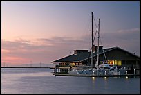 Marina building and yachts, sunset. Redwood City,  California, USA