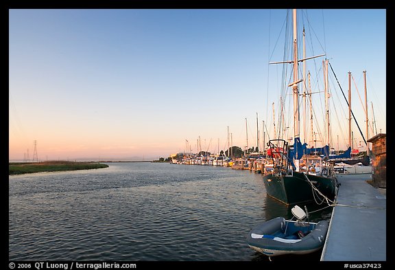 Yachts and Bair Island wetlands, sunset. Redwood City,  California, USA