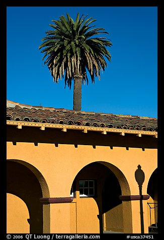 Palm tree and arches, historical train depot. Burlingame,  California, USA (color)