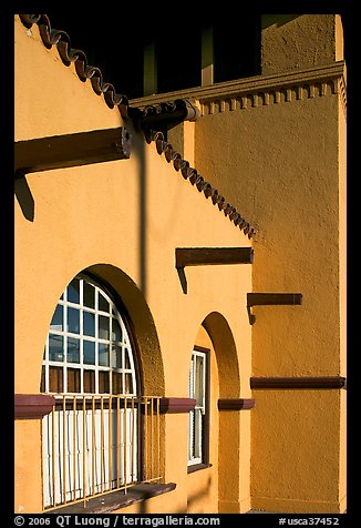 Detail of adobe style train depot. Burlingame,  California, USA (color)