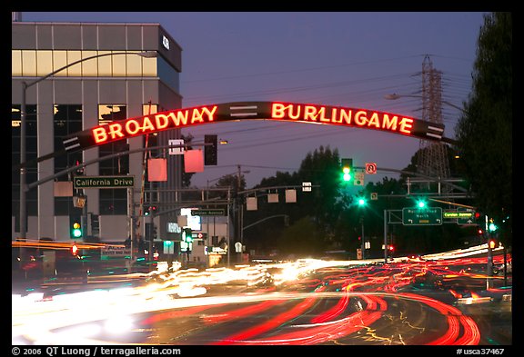 Broadway at dusk with lights from traffic. Burlingame,  California, USA (color)