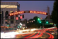 Broadway at dusk with lights from traffic. Burlingame,  California, USA (color)