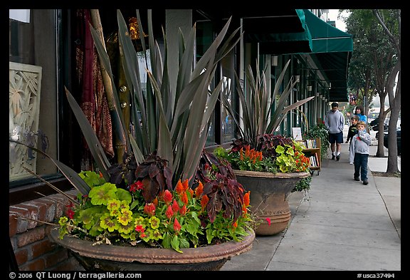 Flowers on Main Street, with family strolling by. Half Moon Bay, California, USA