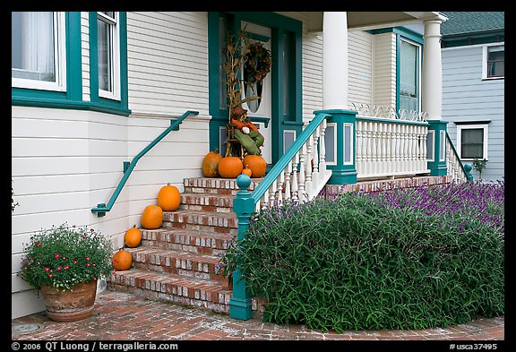 House entrance with pumpkins. Half Moon Bay, California, USA (color)