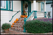 House entrance with pumpkins. Half Moon Bay, California, USA