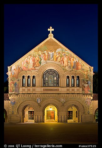 Memorial Church facade at night. Stanford University, California, USA