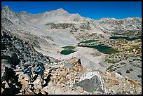 Backpackers hiking up from Saddlebag Lakes, John Muir Wilderness. California, USA