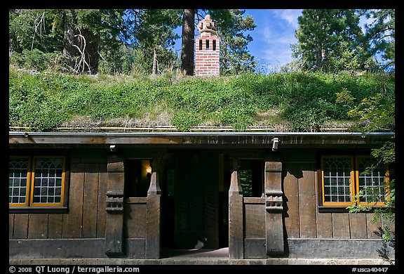 Wooden walls and Scandinavian-style grass-covered roof, Vikingsholm, Lake Tahoe, California. USA