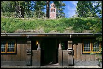 Wooden walls and Scandinavian-style grass-covered roof, Vikingsholm, Lake Tahoe, California. USA