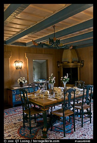 Dining room and dining table, Vikingsholm, Lake Tahoe, California. USA