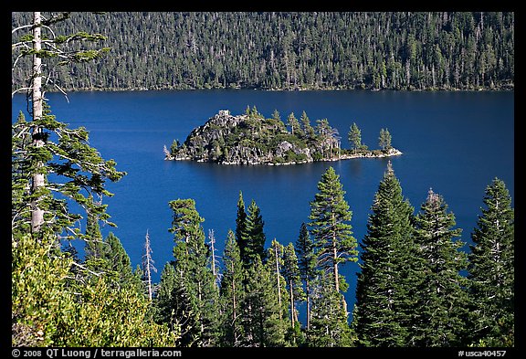 Forested slopes and Fannette Island, Emerald Bay, California. USA