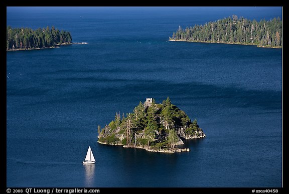 Mouth of Emerald Bay, Fannette Island, and sailboat, Lake Tahoe, California. USA