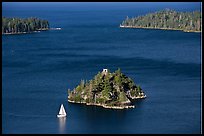 Mouth of Emerald Bay, Fannette Island, and sailboat, Lake Tahoe, California. USA