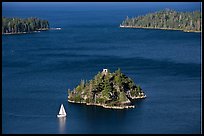 Mouth of Emerald Bay, Fannette Island, and sailboat, Lake Tahoe, California. USA (color)