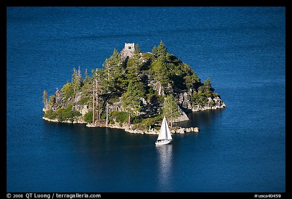 Yacht near Fannette Island, and sailboat, Emerald Bay State Park, California. USA (color)