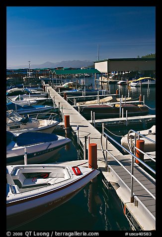 Small boats and dock, Sunnyside marina, Lake Tahoe, California. USA