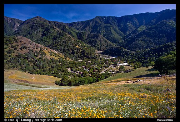 El Portal, nested below hills covered with spring flowers. El Portal, California, USA