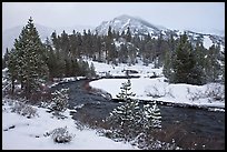 Creek, trees, and mountains with fresh snow. California, USA (color)