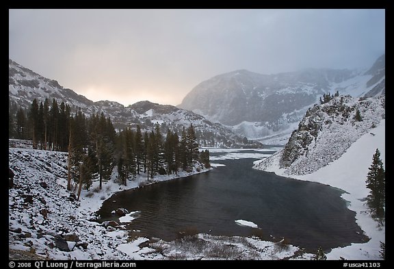 Ellery Lake with fresh snow, sunrise. California, USA