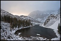 Ellery Lake with fresh snow, sunrise. California, USA