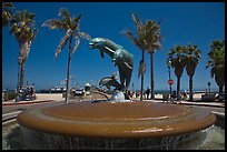 Dolphin fountain and beach. Santa Barbara, California, USA