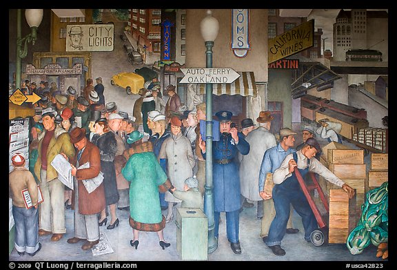Coit tower mural depicting street scene in depression-area. San Francisco, California, USA (color)