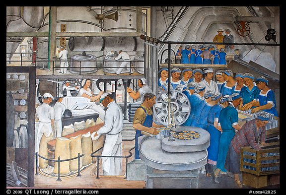 Factory workers depicted in mural fresco inside Coit Tower. San Francisco, California, USA