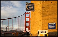 Suicide prevention signs on Golden Gate Bridge. San Francisco, California, USA