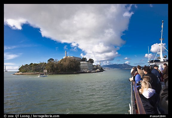 Approaching Alcatraz on tour boat. San Francisco, California, USA (color)