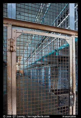 Grids and cells, Alcatraz Prison interior. San Francisco, California, USA (color)