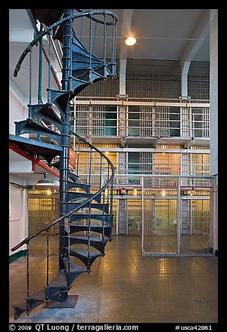 Spiral staircase inside Alcatraz prison. San Francisco, California, USA